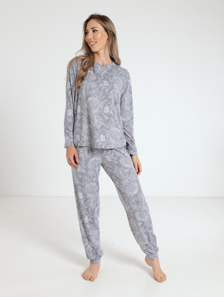 Floral Outline Ditsy Top & Jogger Sleepwear - Grey