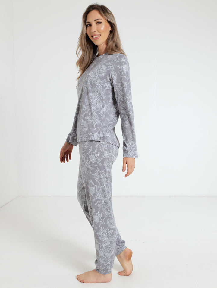 Floral Outline Ditsy Top & Jogger Sleepwear - Grey