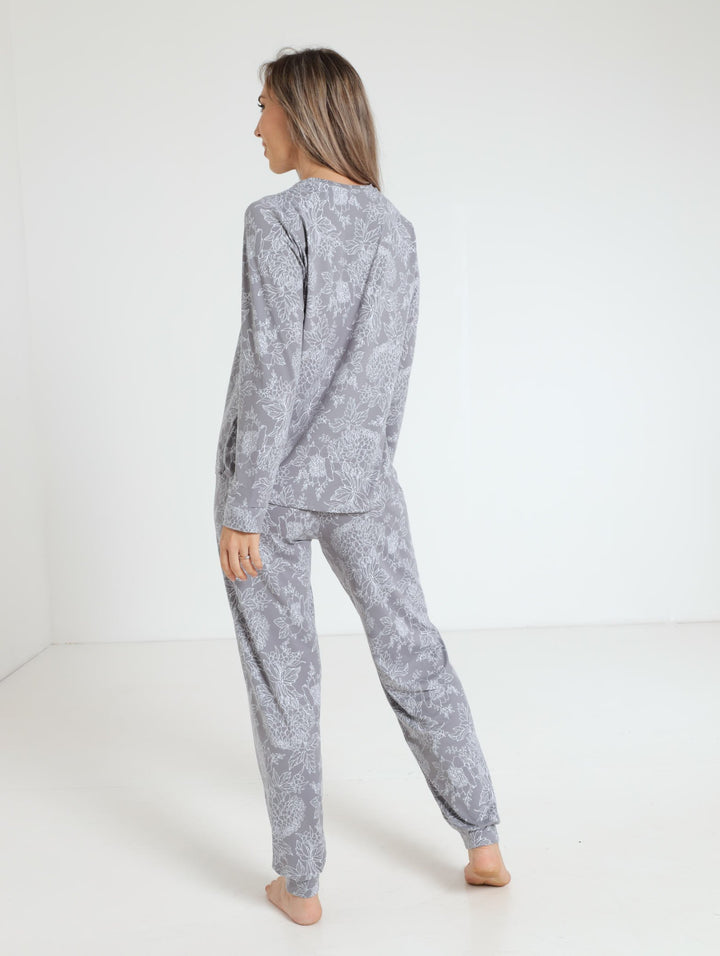 Floral Outline Ditsy Top & Jogger Sleepwear - Grey
