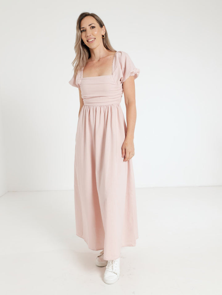 Puff Sleeve Maxi Dress With Embrodiery - Peach