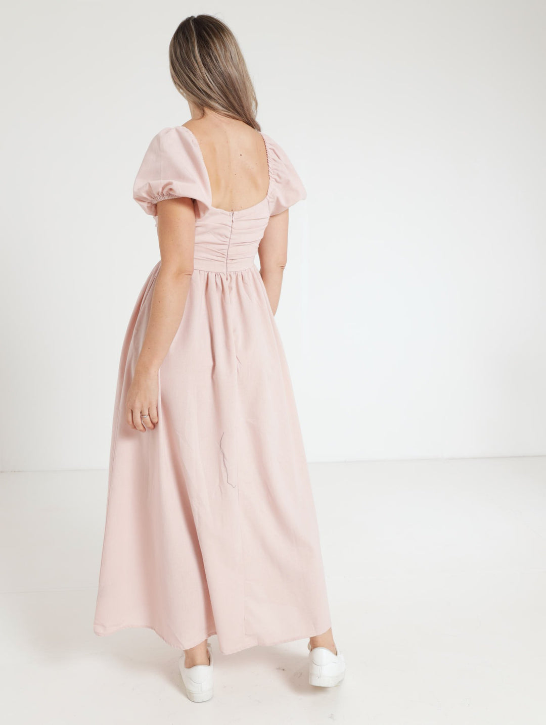 Puff Sleeve Maxi Dress With Embrodiery - Peach