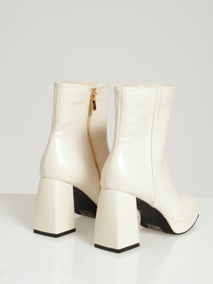 Low Platform Ankle Boot With Shaped Heel - Off White