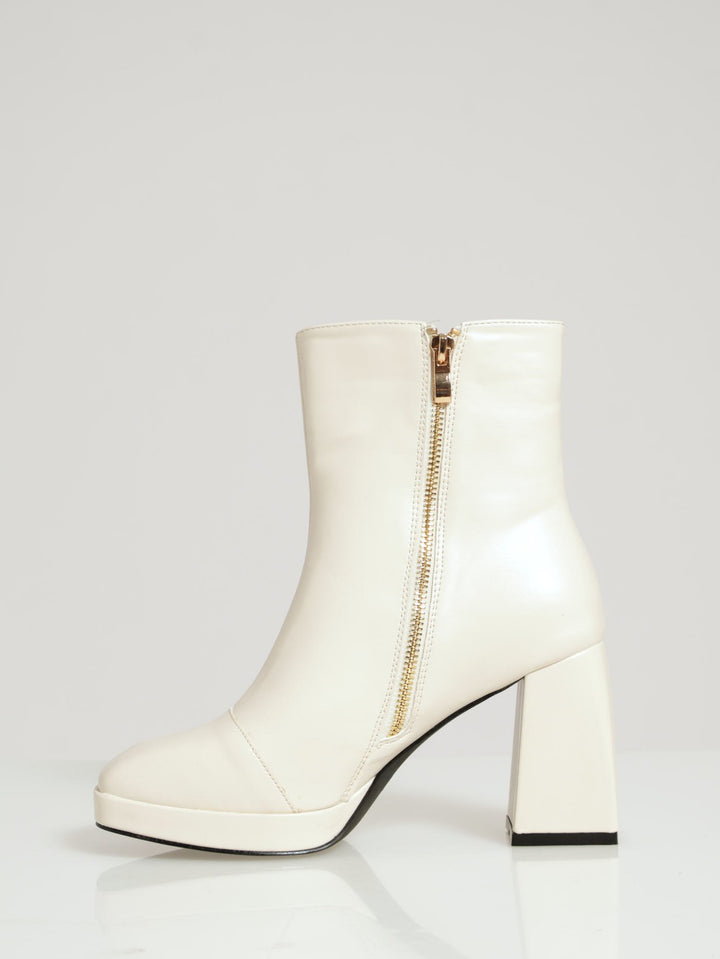 Low Platform Ankle Boot With Shaped Heel - Off White
