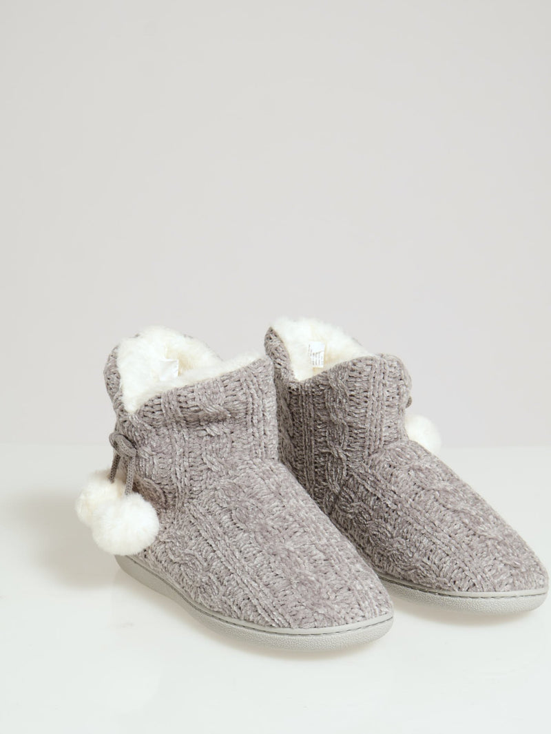 Cable Knit Slipper Bootie With Pompoms - Grey