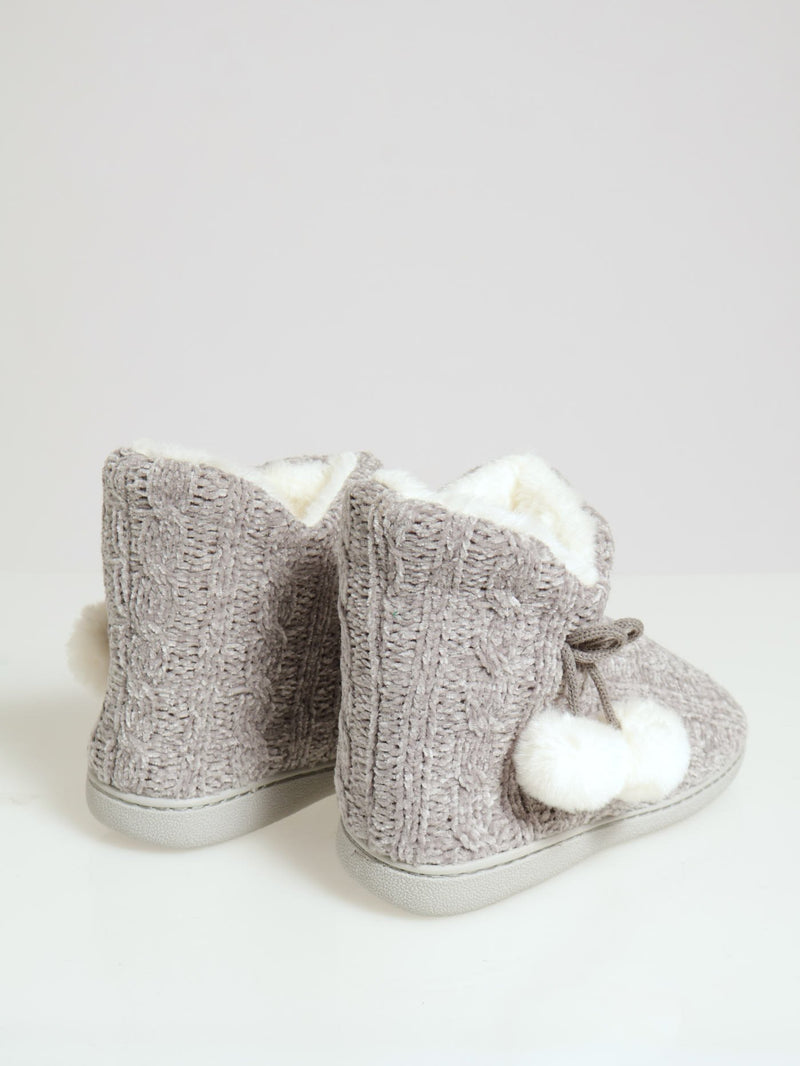 Cable Knit Slipper Bootie With Pompoms - Grey