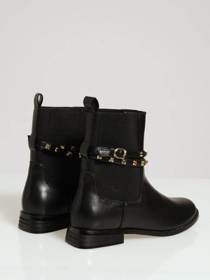 Low Chelsea Boot With Gold Stud Ankle Detail - Black