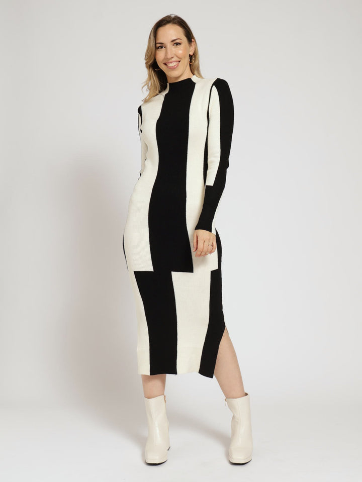 Monochrome Column Knitwear Midi Dress - Black/White