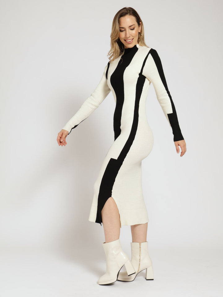 Monochrome Column Knitwear Midi Dress - Black/White