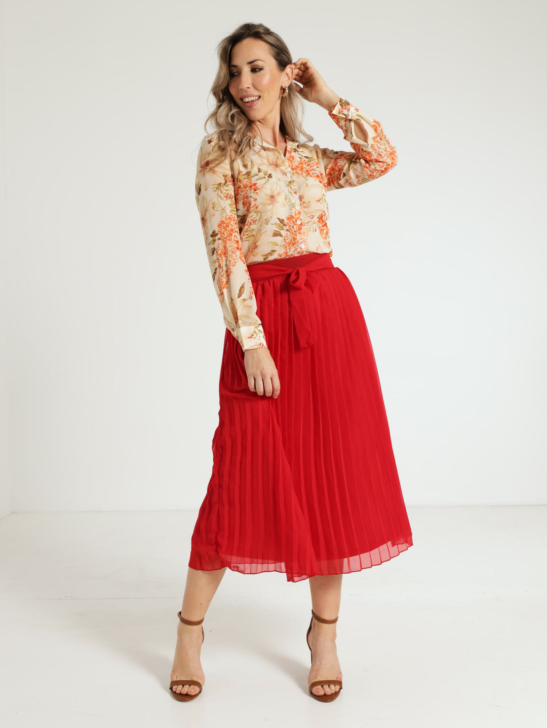 Pleated Midi Skirt - Red