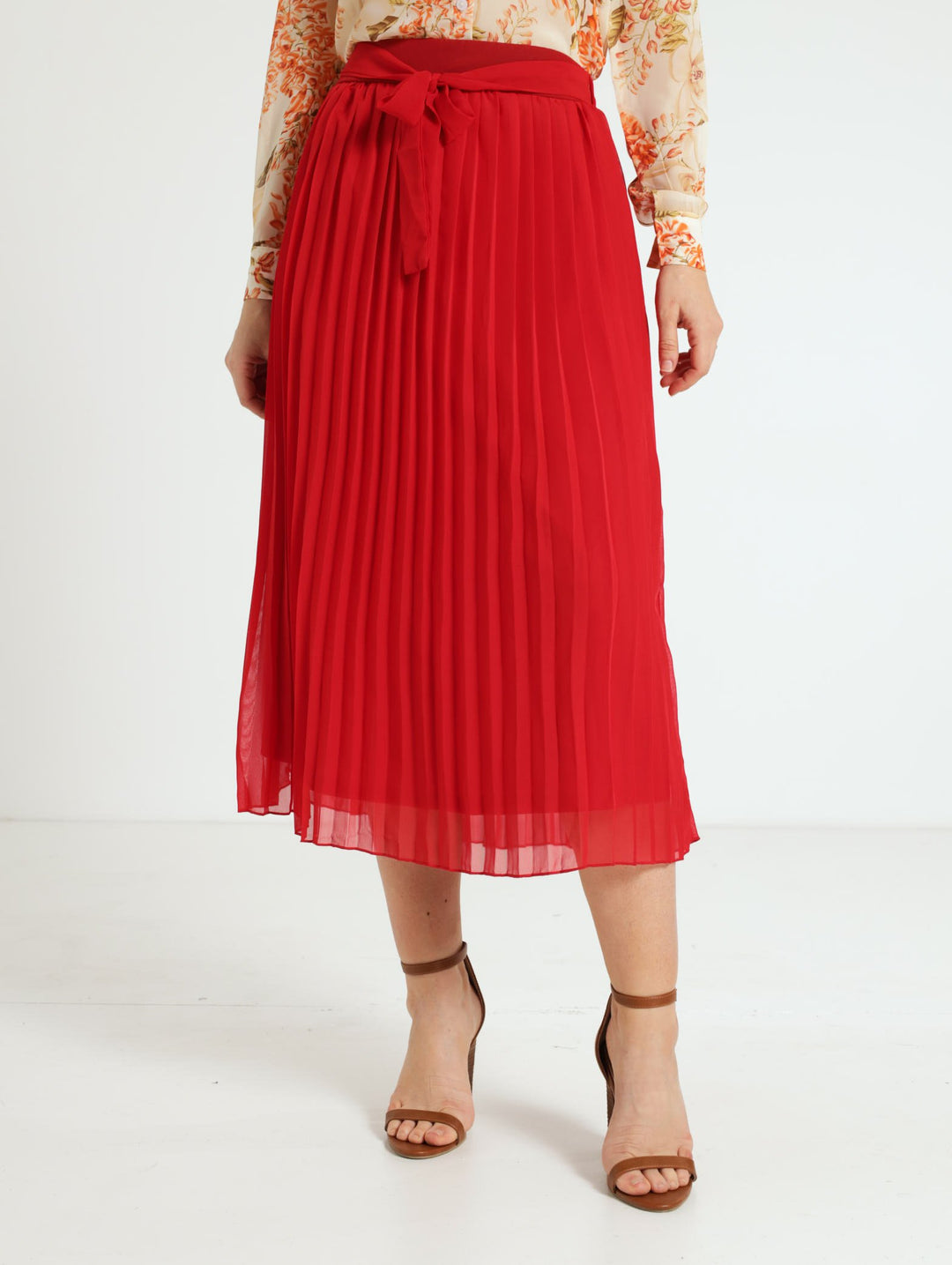 Pleated Midi Skirt - Red