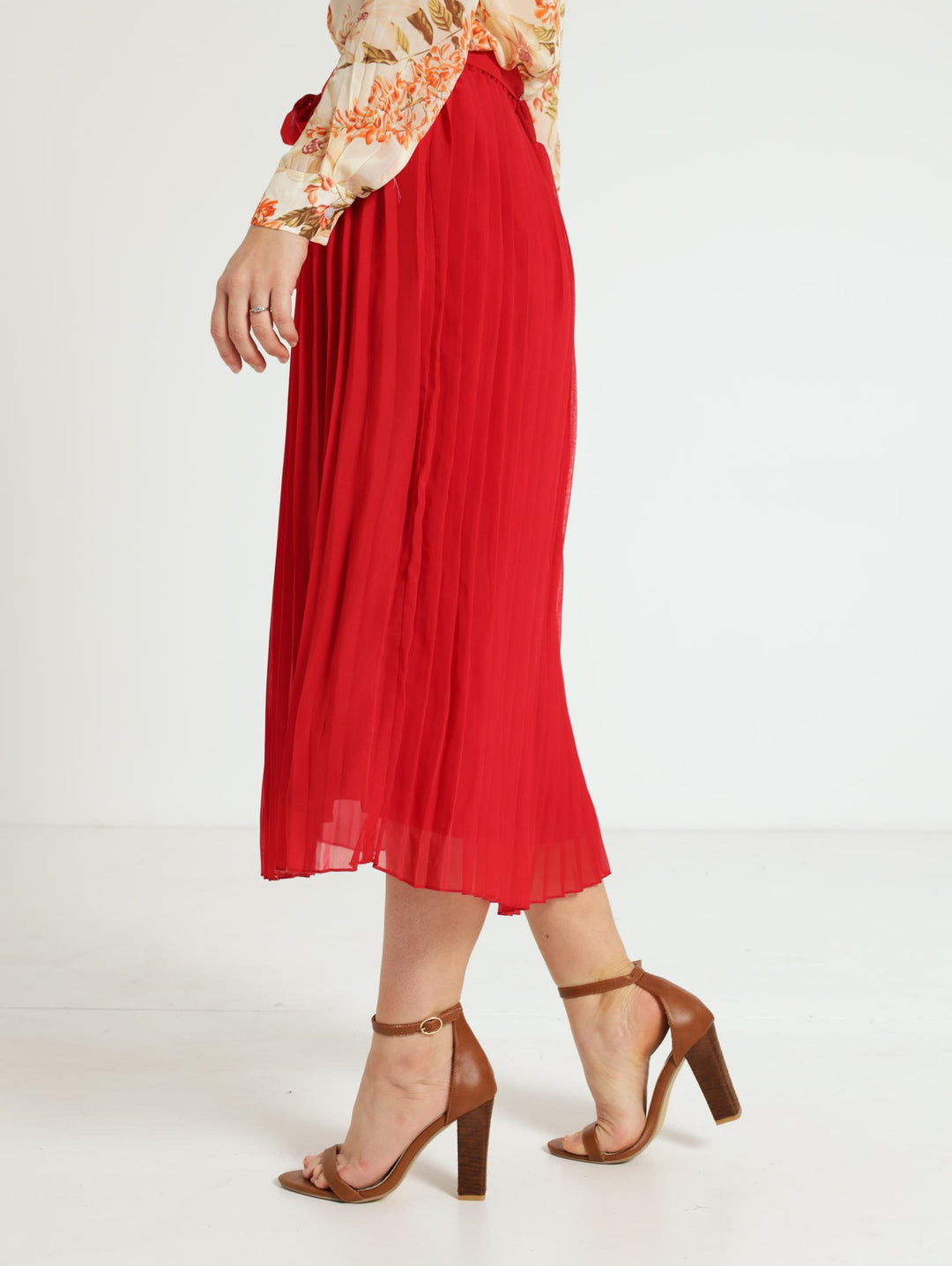 Pleated Midi Skirt - Red