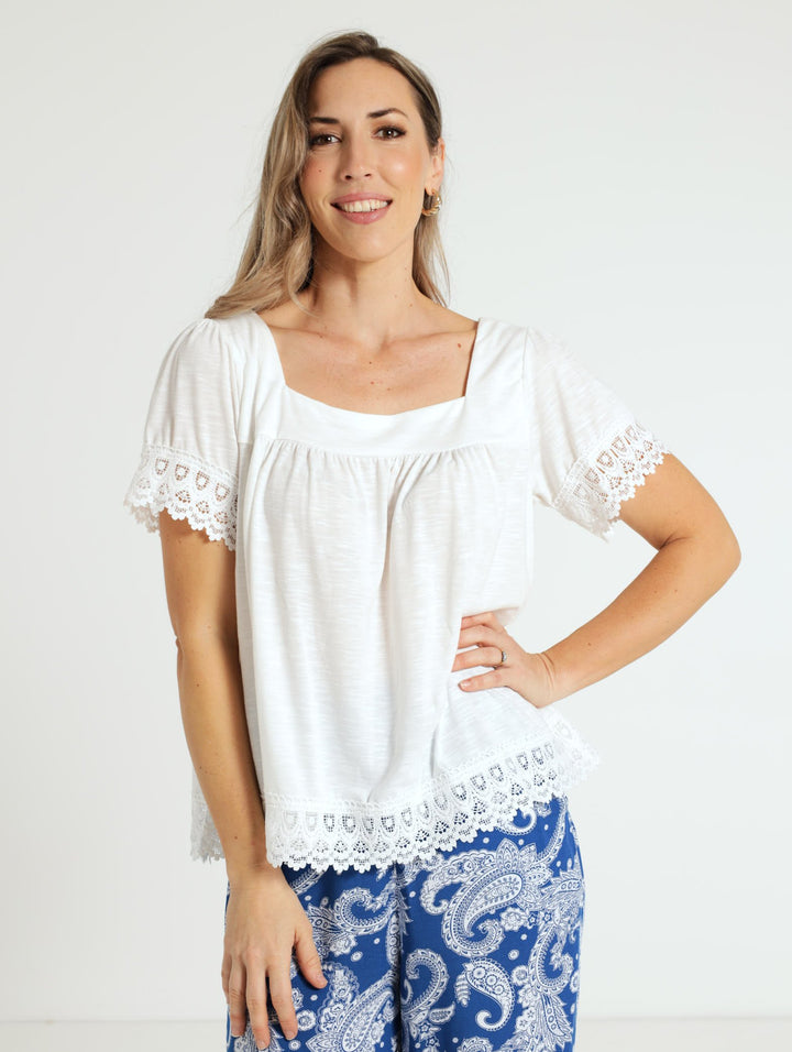 Lace Trim Square Neck Blouse - White