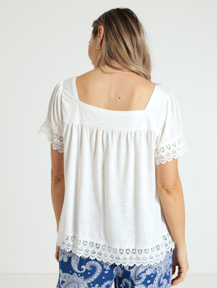 Lace Trim Square Neck Blouse - White