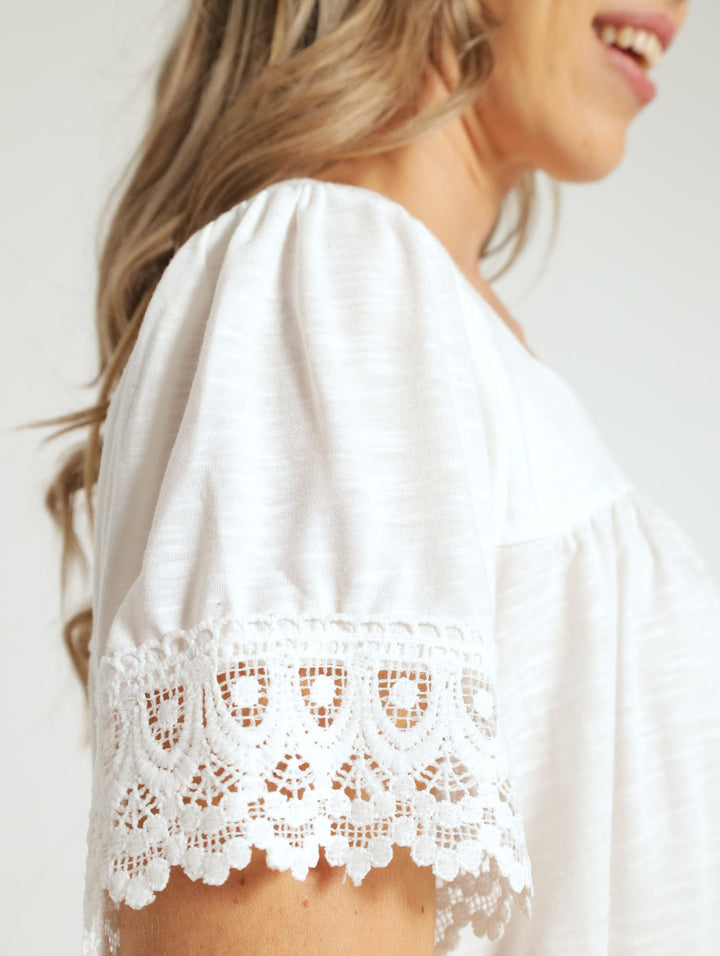 Lace Trim Square Neck Blouse - White