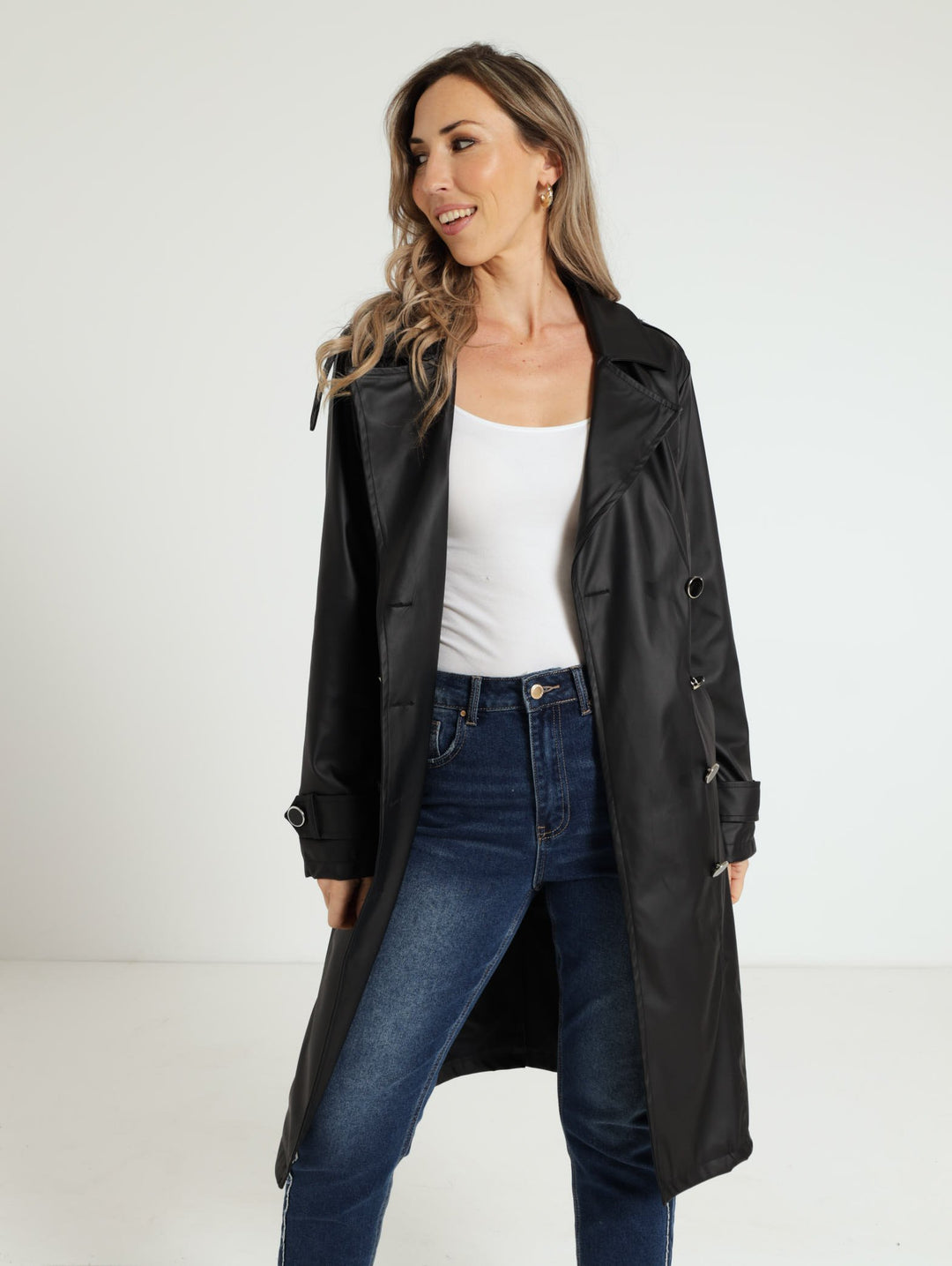 Pu Belted Trench Coat - Black