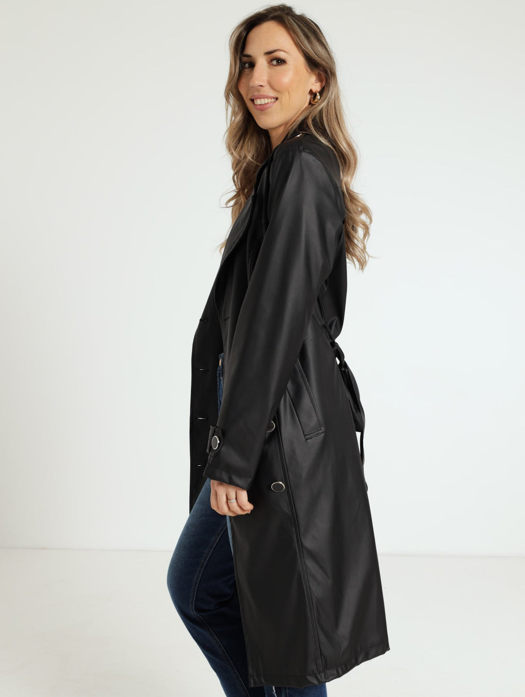 Pu Belted Trench Coat - Black