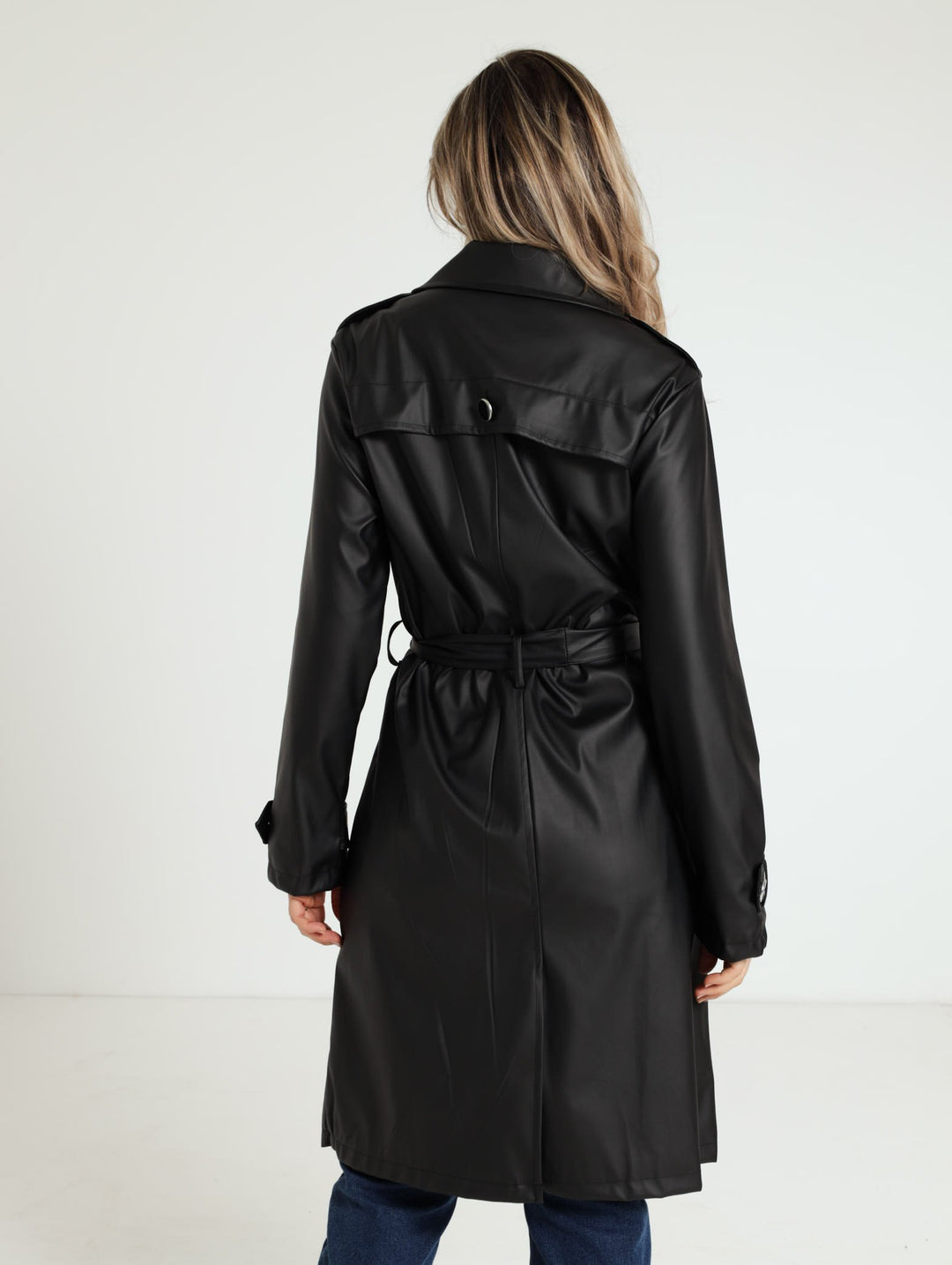 Pu Belted Trench Coat - Black