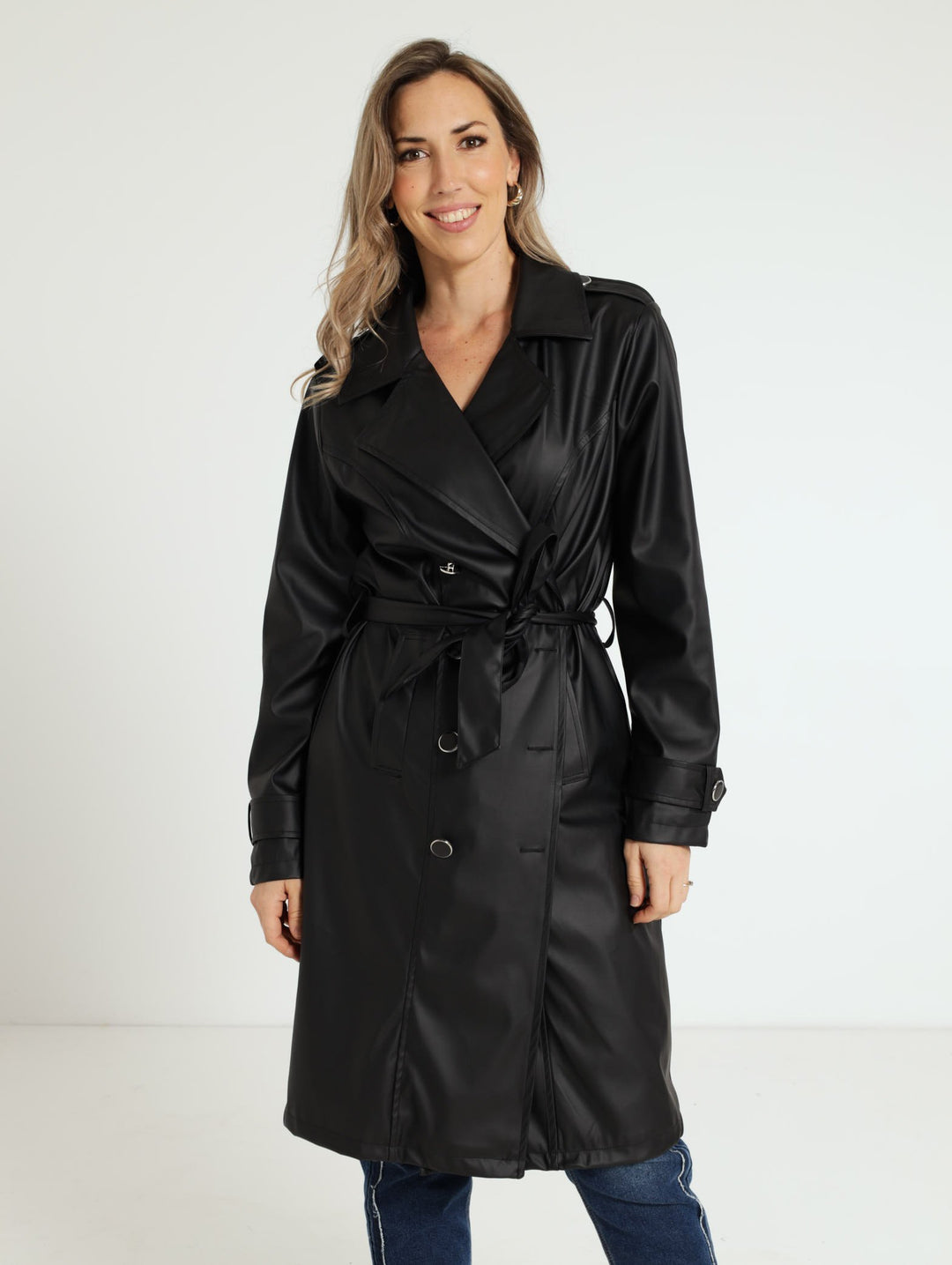 Pu Belted Trench Coat - Black