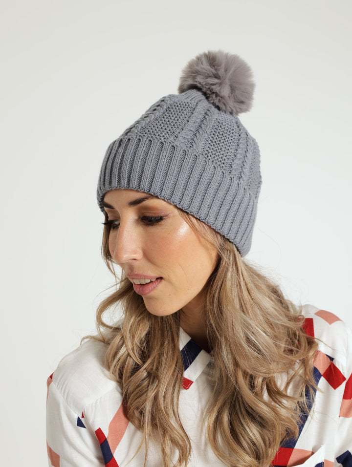 Knitted Turn Up Pom Pom Beanie - Grey
