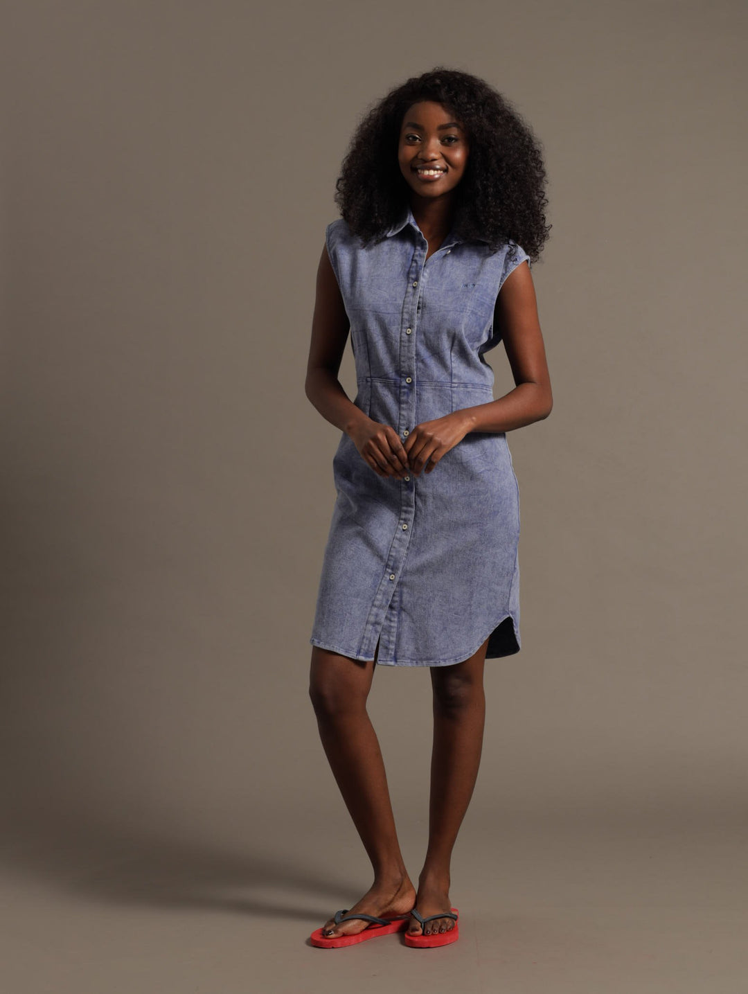 Denim Button Down Sleeveless Shirt Dress - Medium Wash
