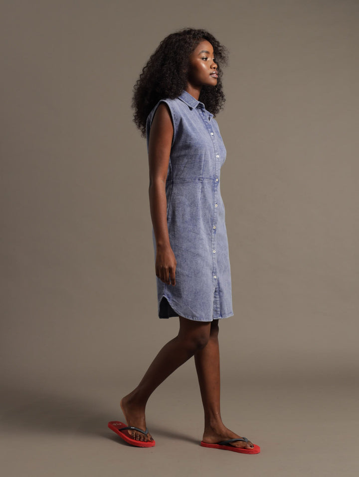Denim Button Down Sleeveless Shirt Dress - Medium Wash