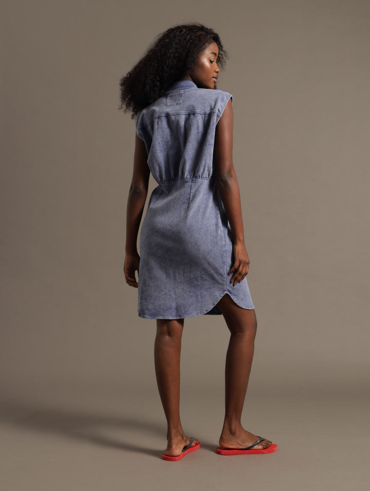 Denim Button Down Sleeveless Shirt Dress - Medium Wash