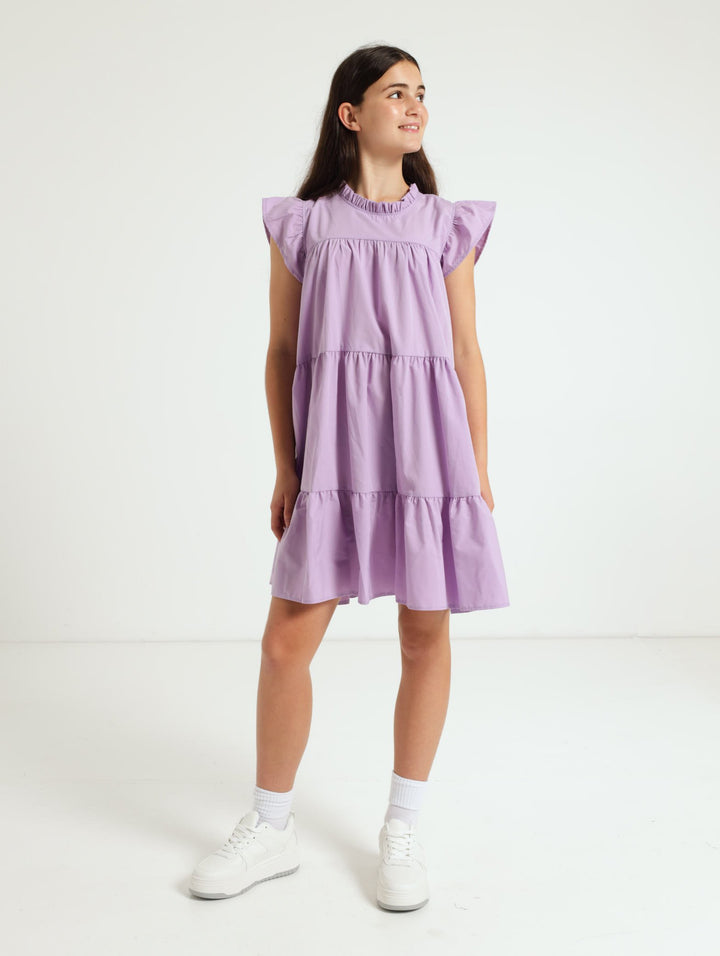Girls Tiered Poplin Dress With Frills - Lilac