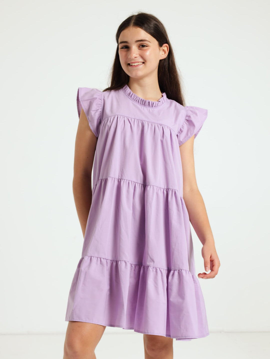 Girls Tiered Poplin Dress With Frills - Lilac