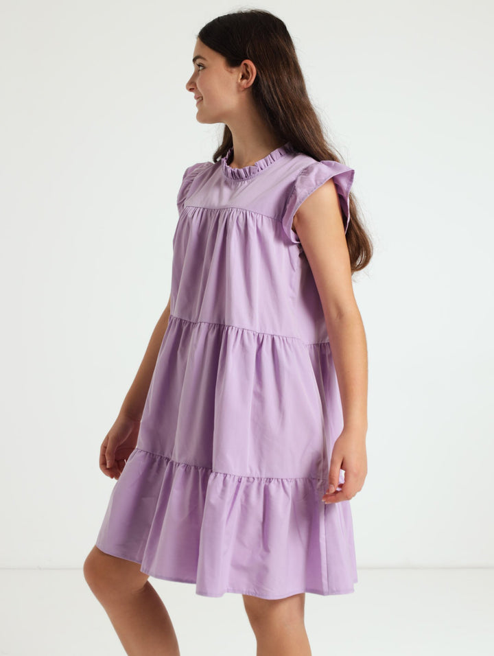 Girls Tiered Poplin Dress With Frills - Lilac