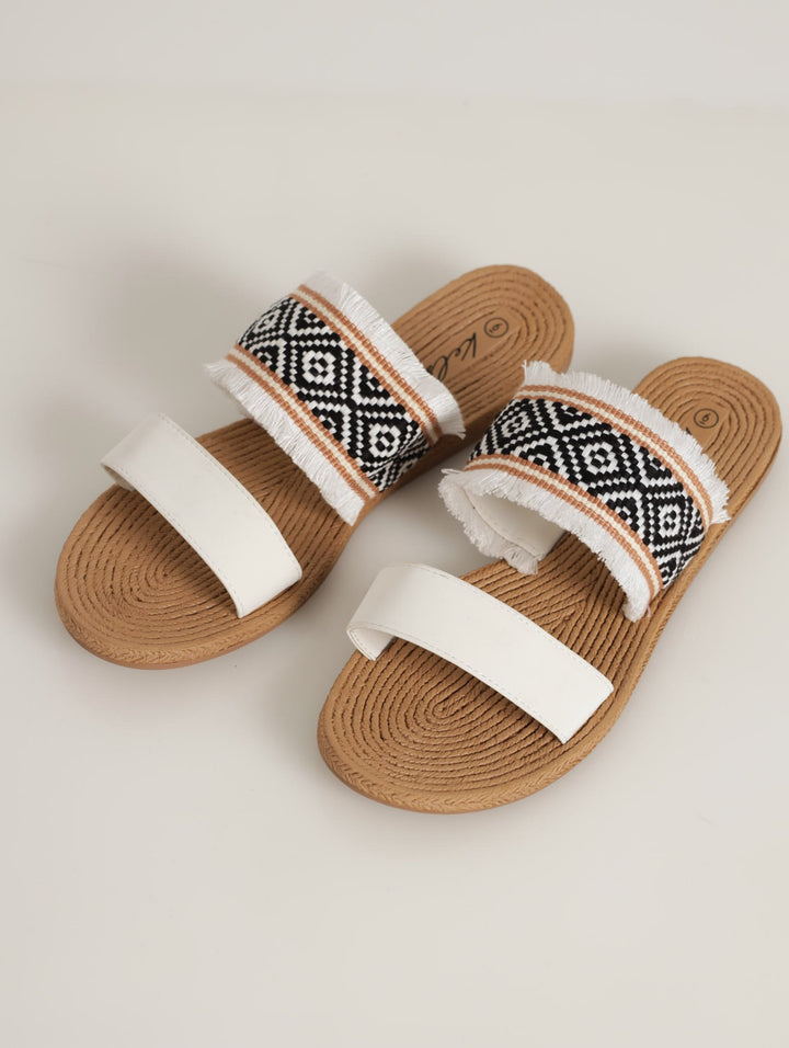 Ladies Tribal Geo Pattern Cotton Strap Sandal - White