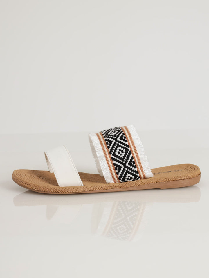 Ladies Tribal Geo Pattern Cotton Strap Sandal - White