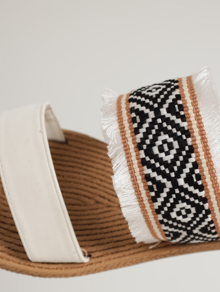 Ladies Tribal Geo Pattern Cotton Strap Sandal - White