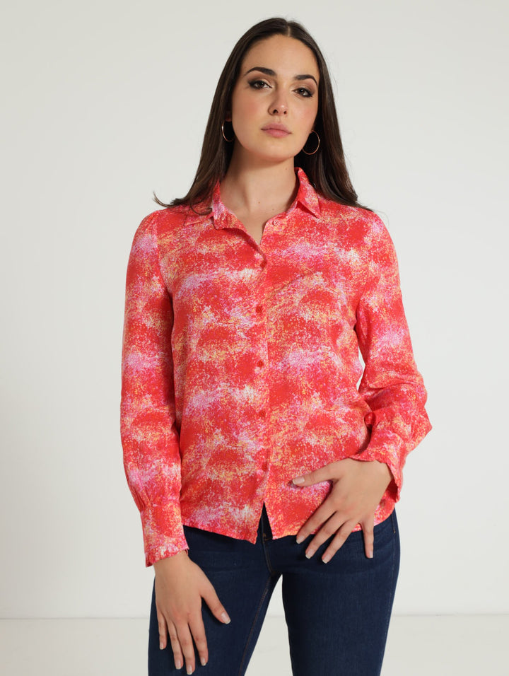 Long Sleeve Frill Cuff Splotchy Shirt - Coral