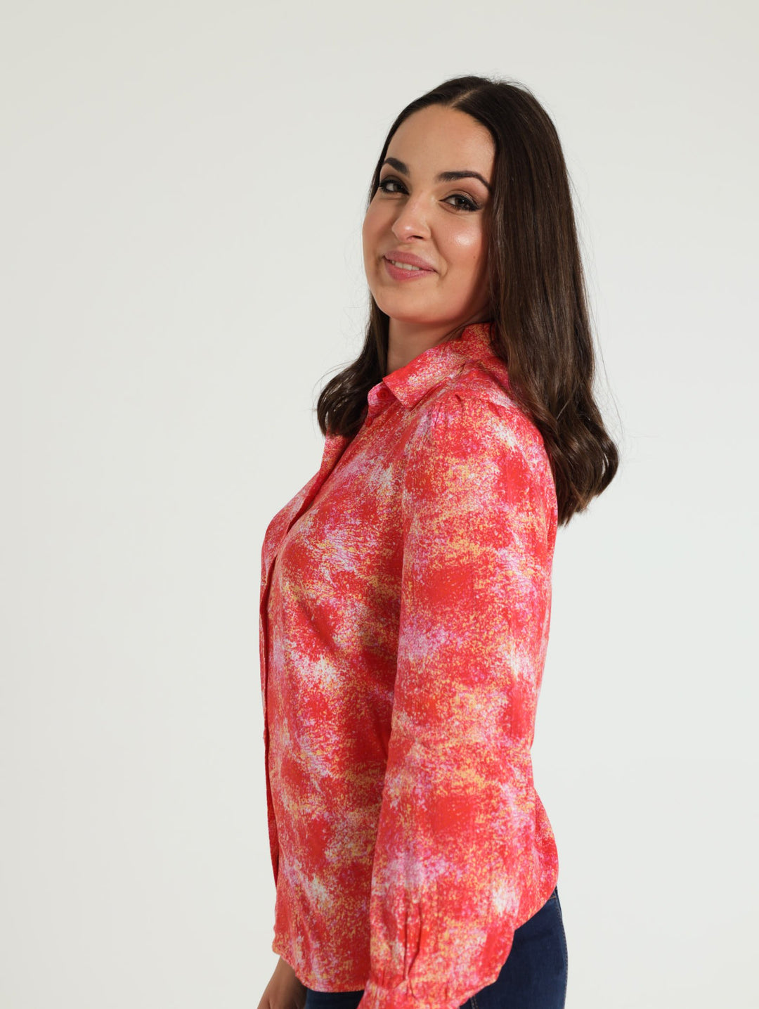 Long Sleeve Frill Cuff Splotchy Shirt - Coral