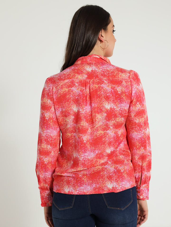 Long Sleeve Frill Cuff Splotchy Shirt - Coral