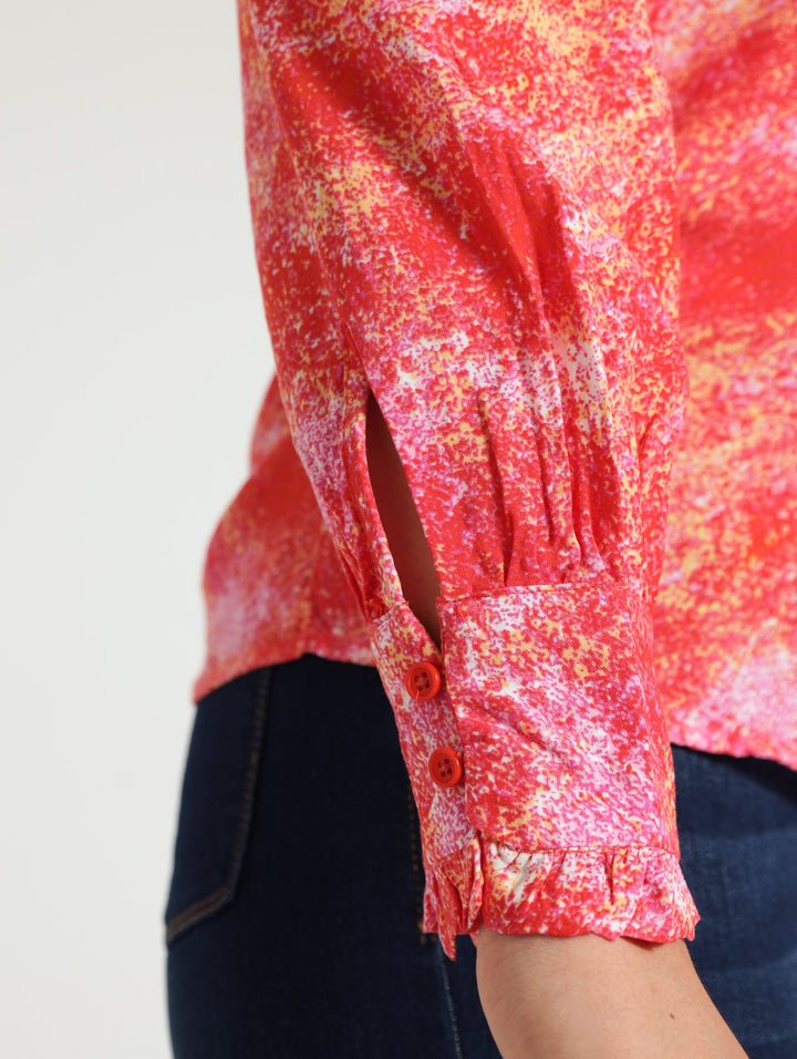 Long Sleeve Frill Cuff Splotchy Shirt - Coral
