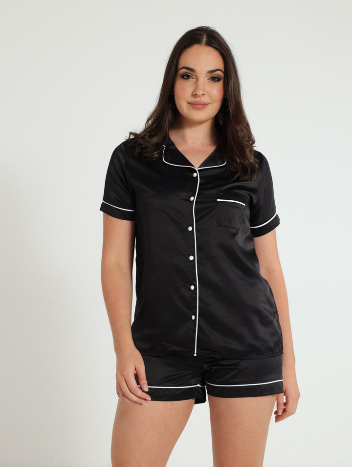 Button Through Satin Shirt & Short Pj Set - Black