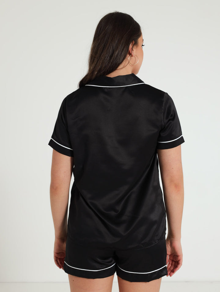 Button Through Satin Shirt & Short Pj Set - Black