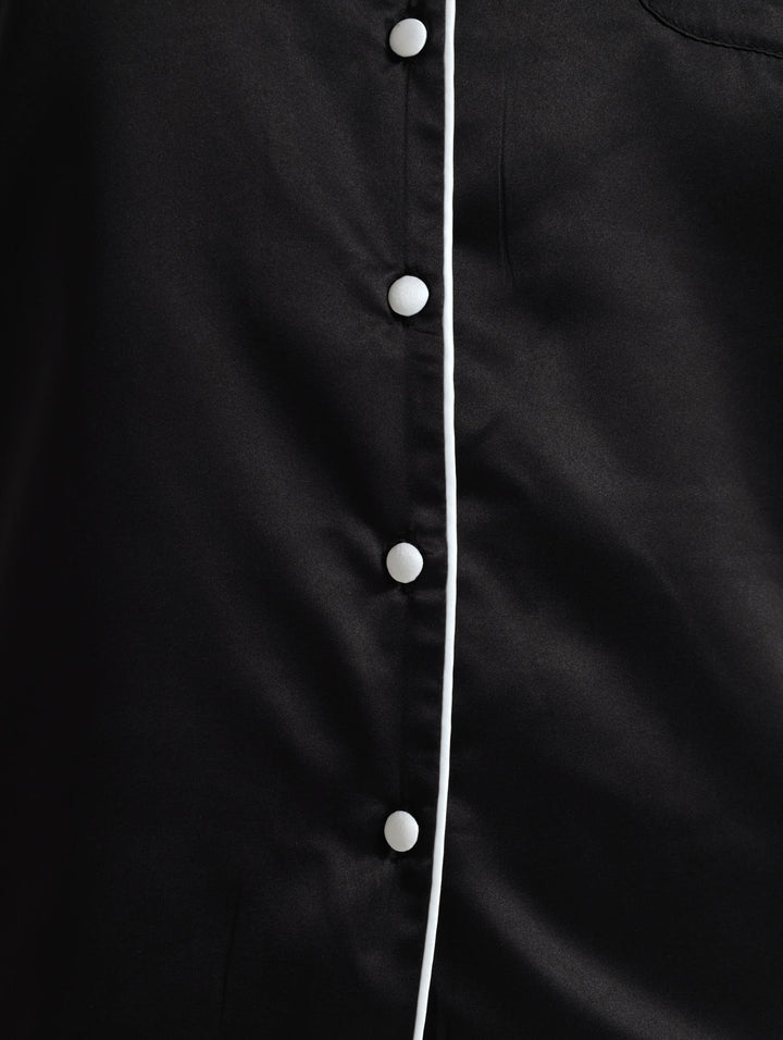 Button Through Satin Shirt & Short Pj Set - Black
