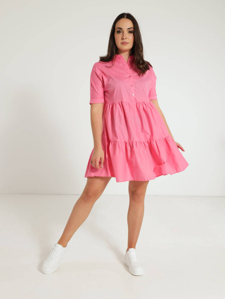 Tiered Collar Shirt Dress - Pink