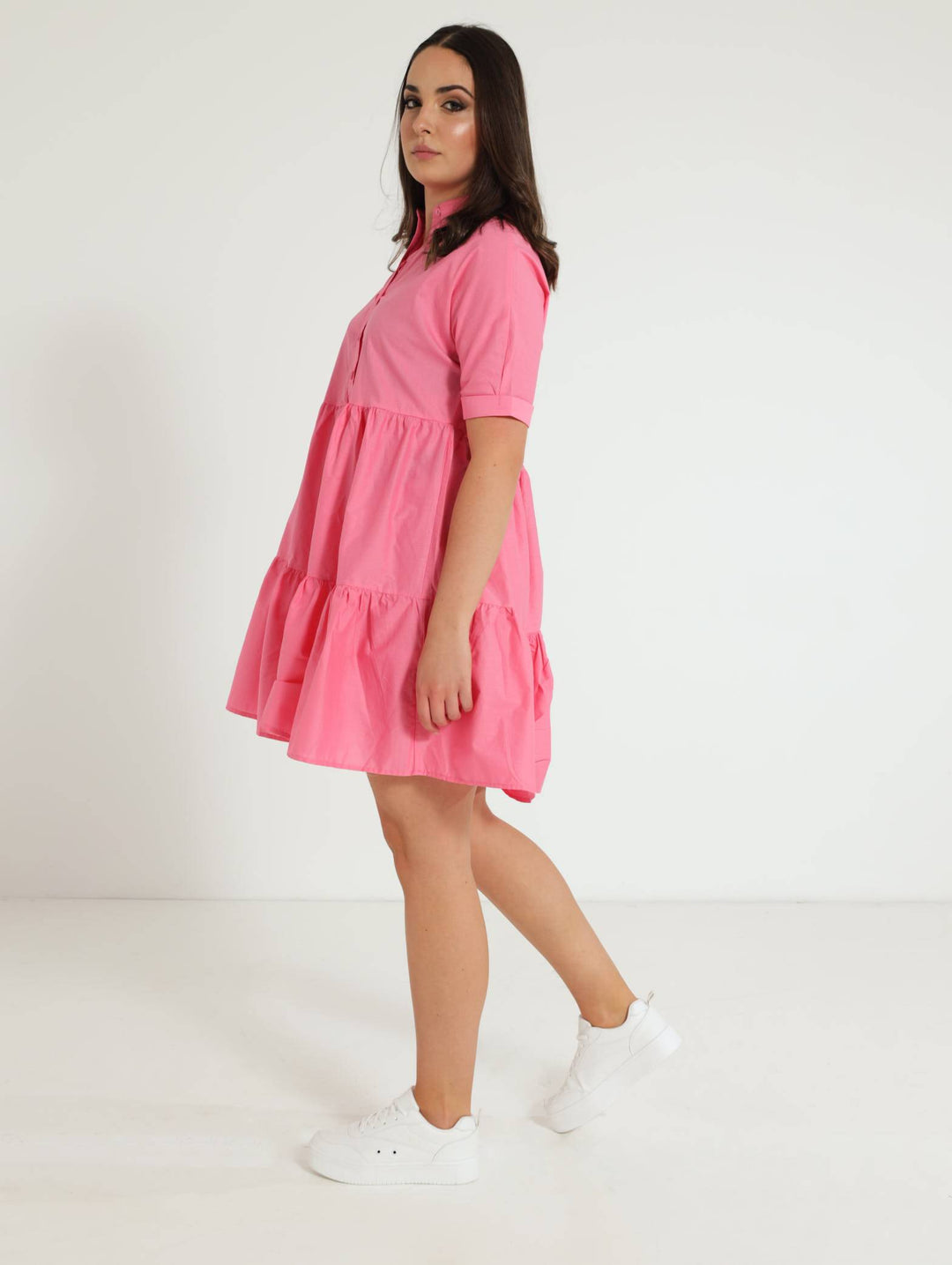 Tiered Collar Shirt Dress - Pink