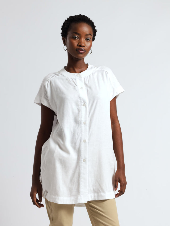 Drop Shoulder Mandarin Collar  Shirt - White