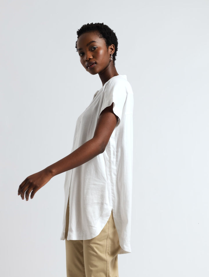 Drop Shoulder Mandarin Collar  Shirt - White