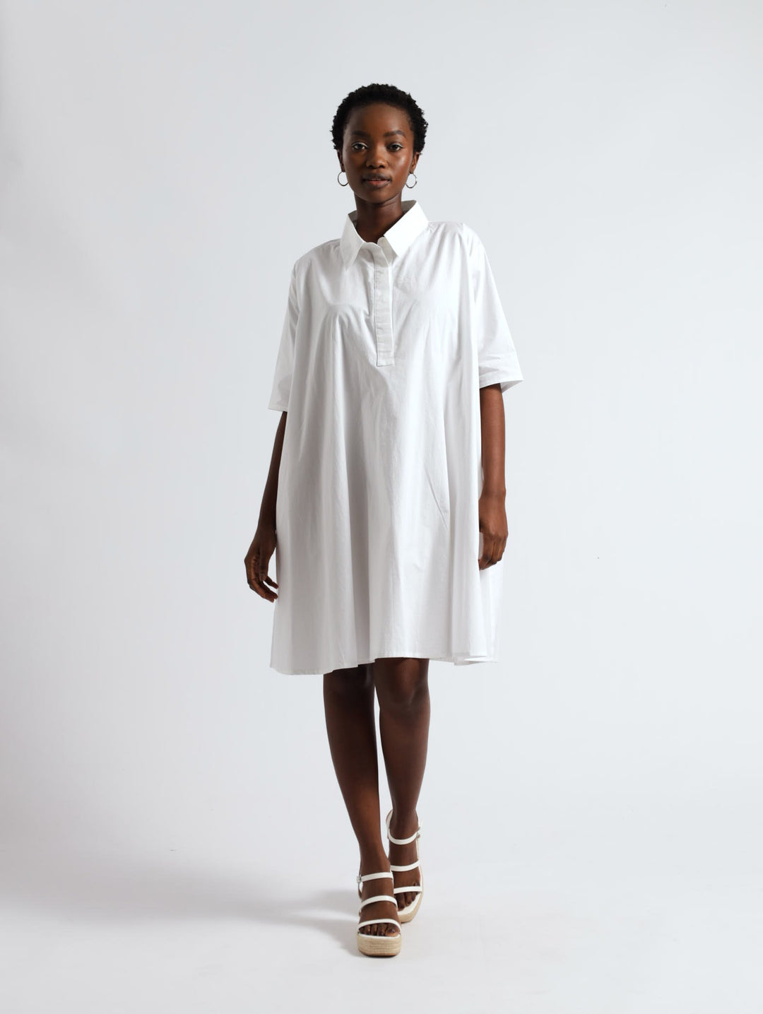 Midi 1/4 Plaquet Mesh Inset Shirt Dress - White