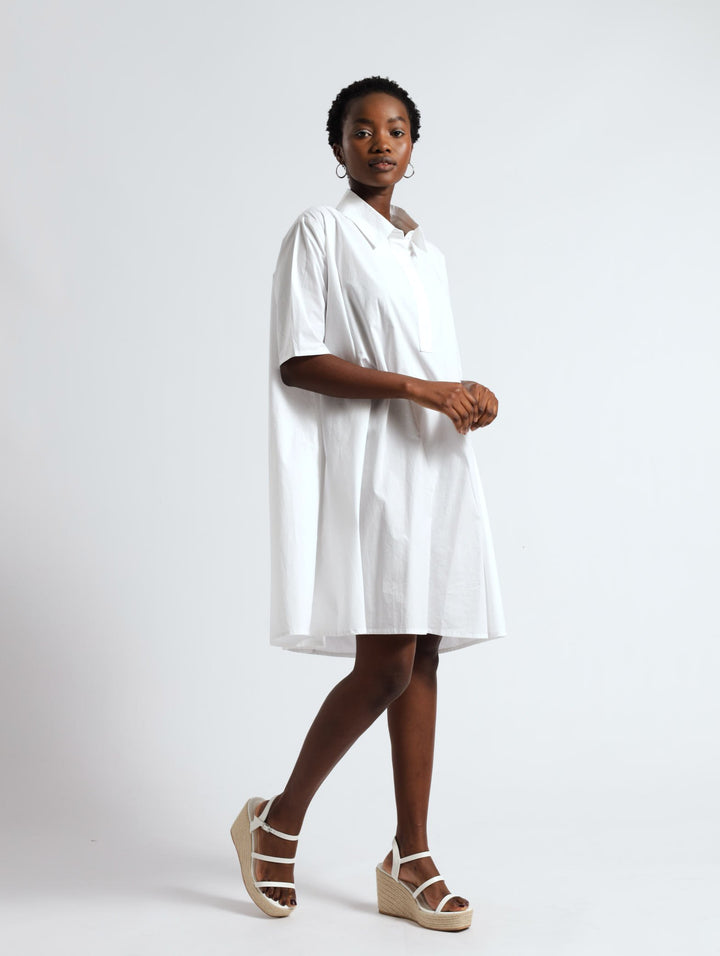 Midi 1/4 Plaquet Mesh Inset Shirt Dress - White