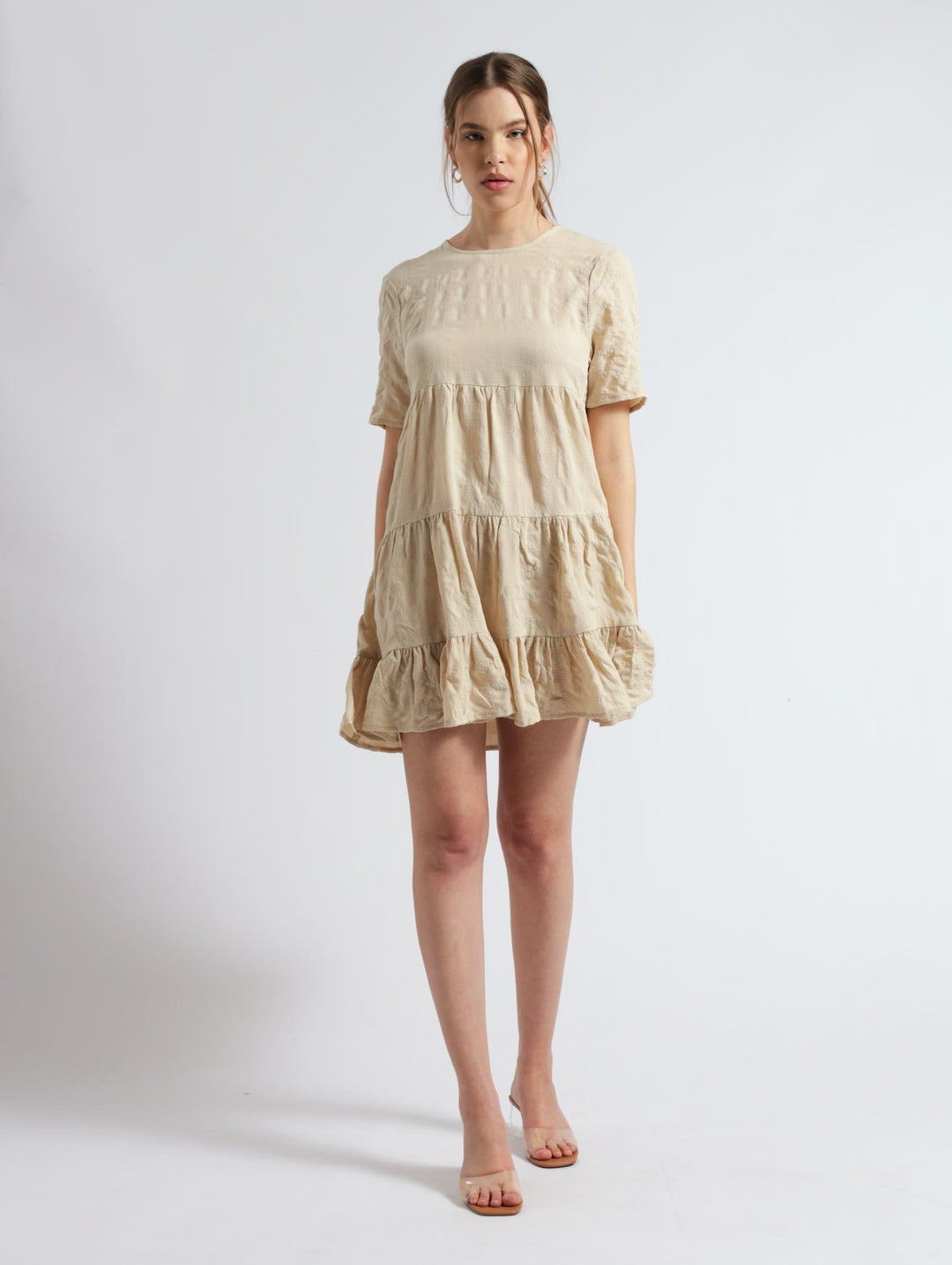 Midi Tiered Short Sleeve Dress - Beige