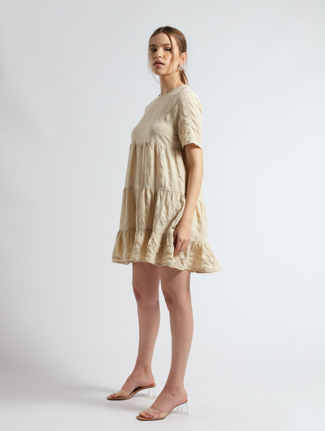 Midi Tiered Short Sleeve Dress - Beige