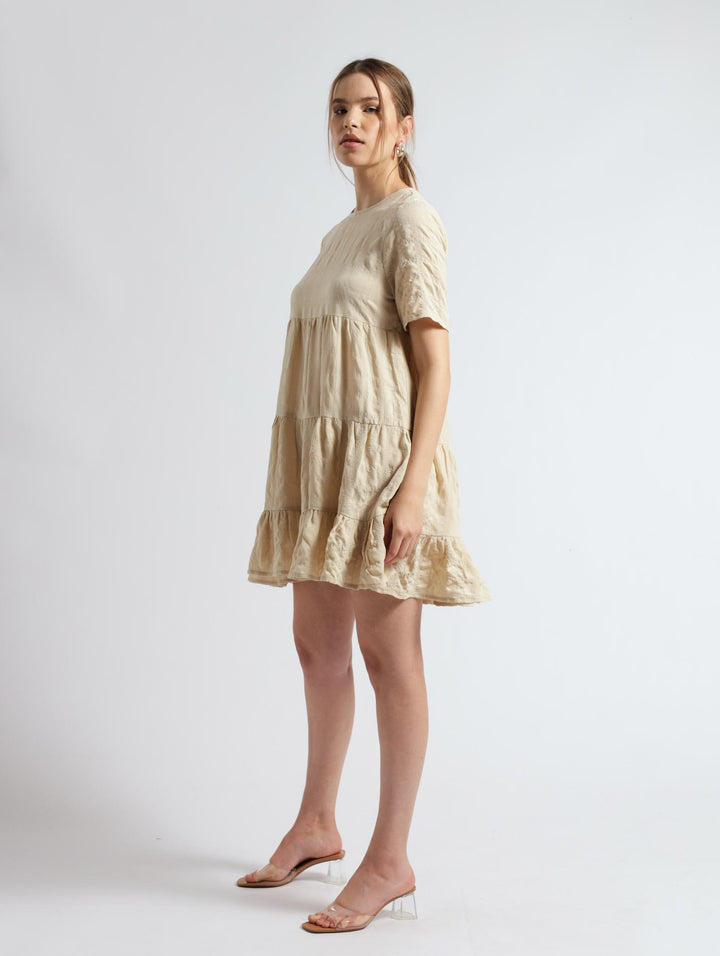 Midi Tiered Short Sleeve Dress - Beige