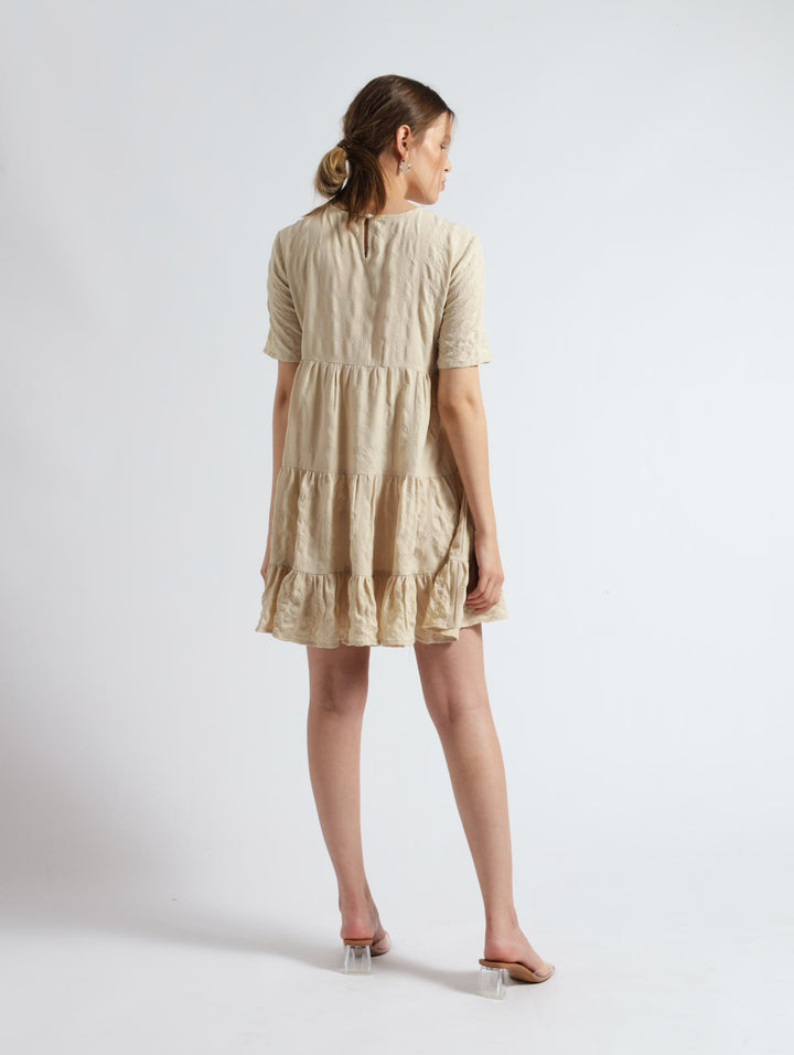 Midi Tiered Short Sleeve Dress - Beige