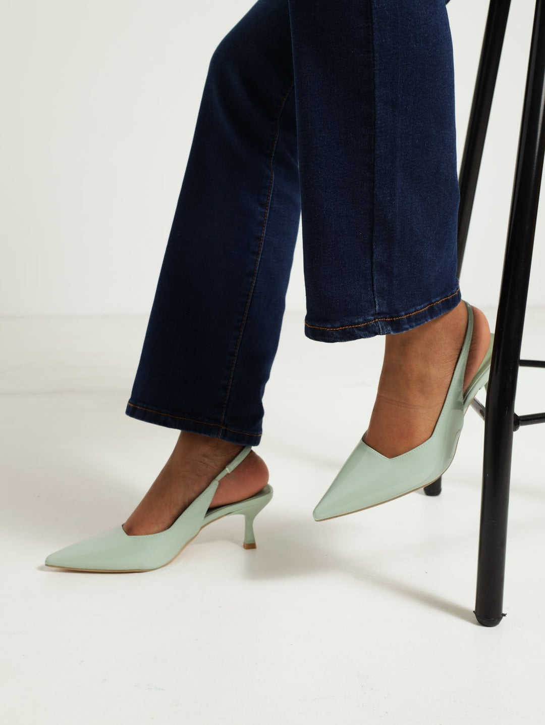 Pointed Slingback Plain Kitten Heel - Sage